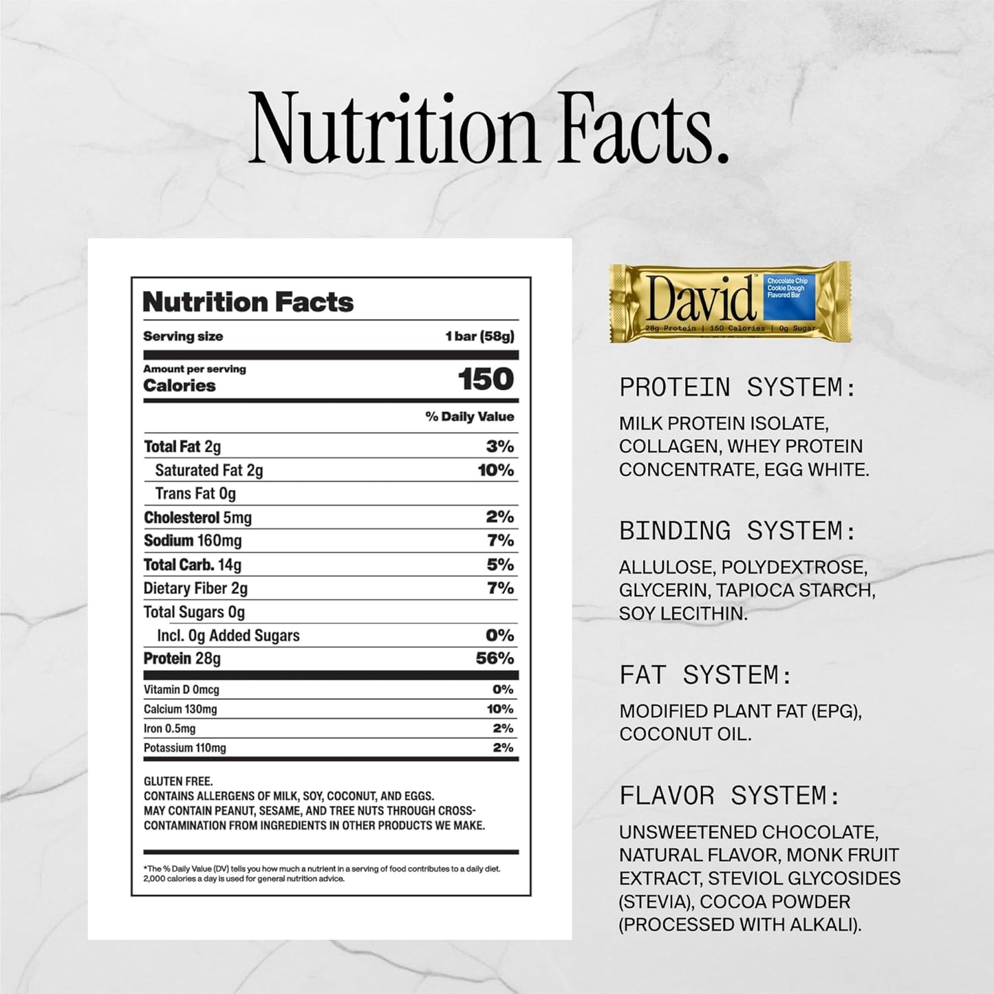 David Chocolate Chip Cookie Dough Bar - 28g Protein Bar (12ct)